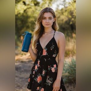 Iris Elegant Black & Rises Dress with Lace-Back Zipper Trim